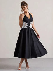 Designed Neckline Polyester Tea-Length Lace Formal Dress