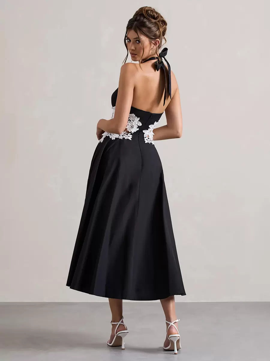 Designed Neckline Polyester Tea-Length Lace Formal Dress