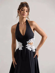 Designed Neckline Polyester Tea-Length Lace Formal Dress