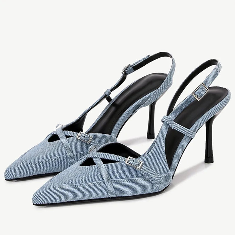 Designer Blue Denim Slingback Buckle Strap Pumps Pointed Toe High Heel
