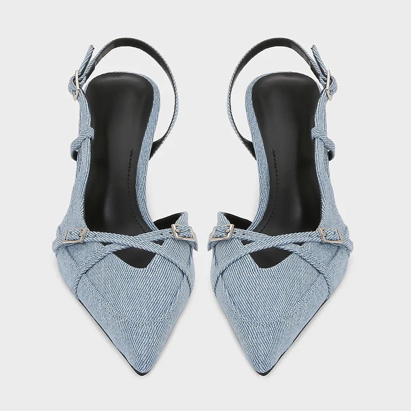 Designer Blue Denim Slingback Buckle Strap Pumps Pointed Toe High Heel