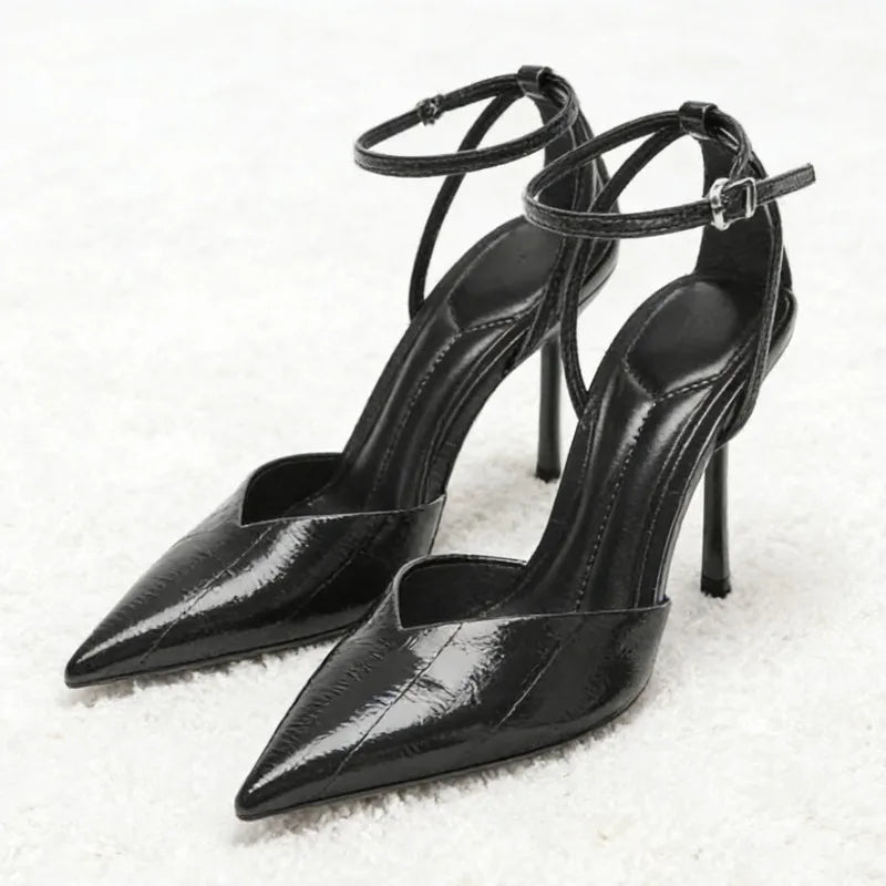 Designer Burgundy Red Ankle Strap Pumps Pointed-Toe Patent Leather High Heel