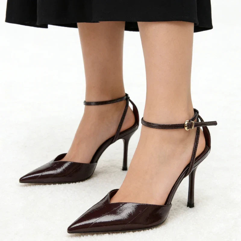 Designer Burgundy Red Ankle Strap Pumps Pointed-Toe Patent Leather High Heel