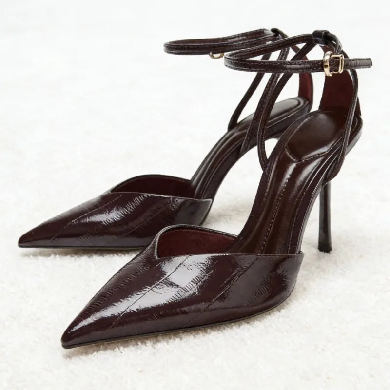 Designer Burgundy Red Ankle Strap Pumps Pointed-Toe Patent Leather High Heel
