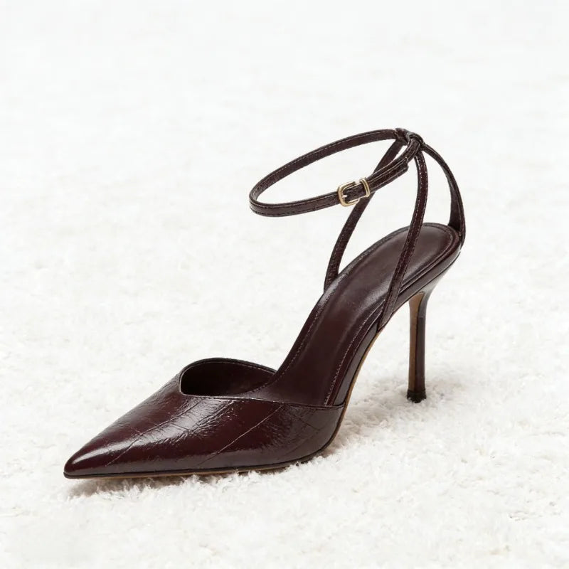 Designer Burgundy Red Ankle Strap Pumps Pointed-Toe Patent Leather High Heel