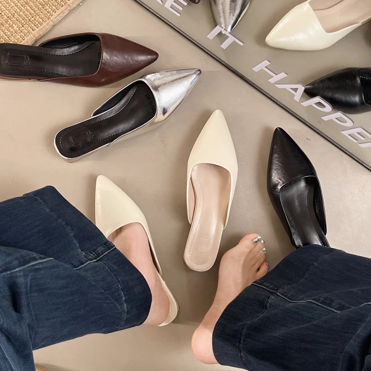 Designer Pointed Toe Slippers Concise Thin Low Heel