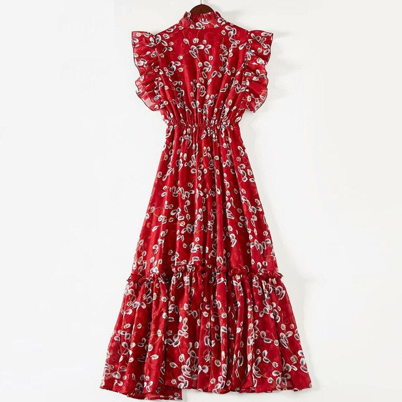 Designer Flower Print Elastic Waist Maxi Dresses
