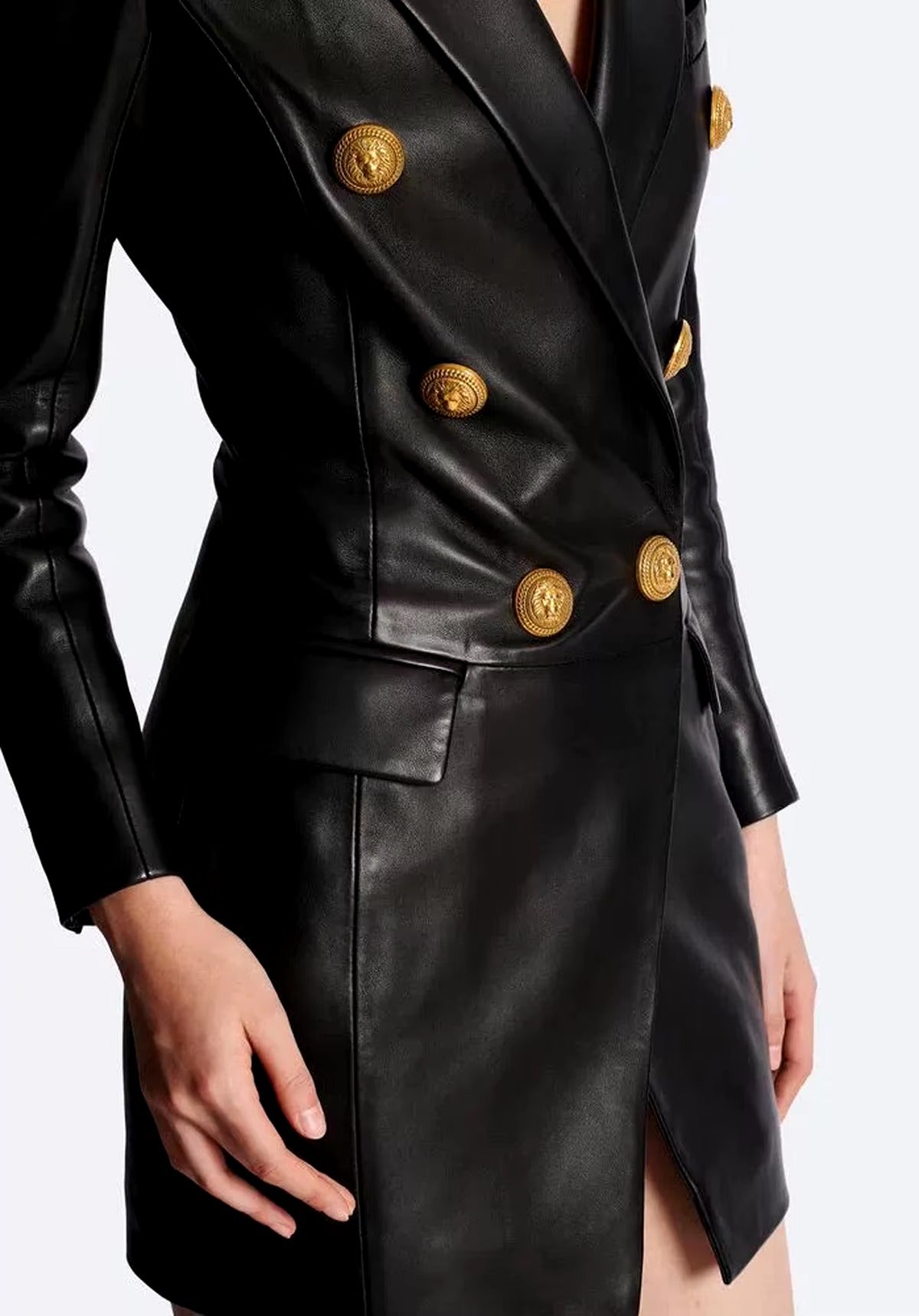 Designer Lion Metal Buttons Faux Leather High Street Blazer Dress