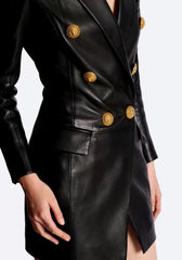 Designer Lion Metal Buttons Faux Leather High Street Blazer Dress