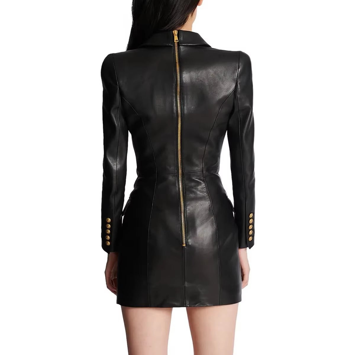 Designer Lion Metal Buttons Faux Leather High Street Blazer Dress