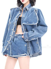 Designer Loose Two Piece Set Lapel Long Sleeve Spliced Button Coat High Waist Shorts Loose Sets