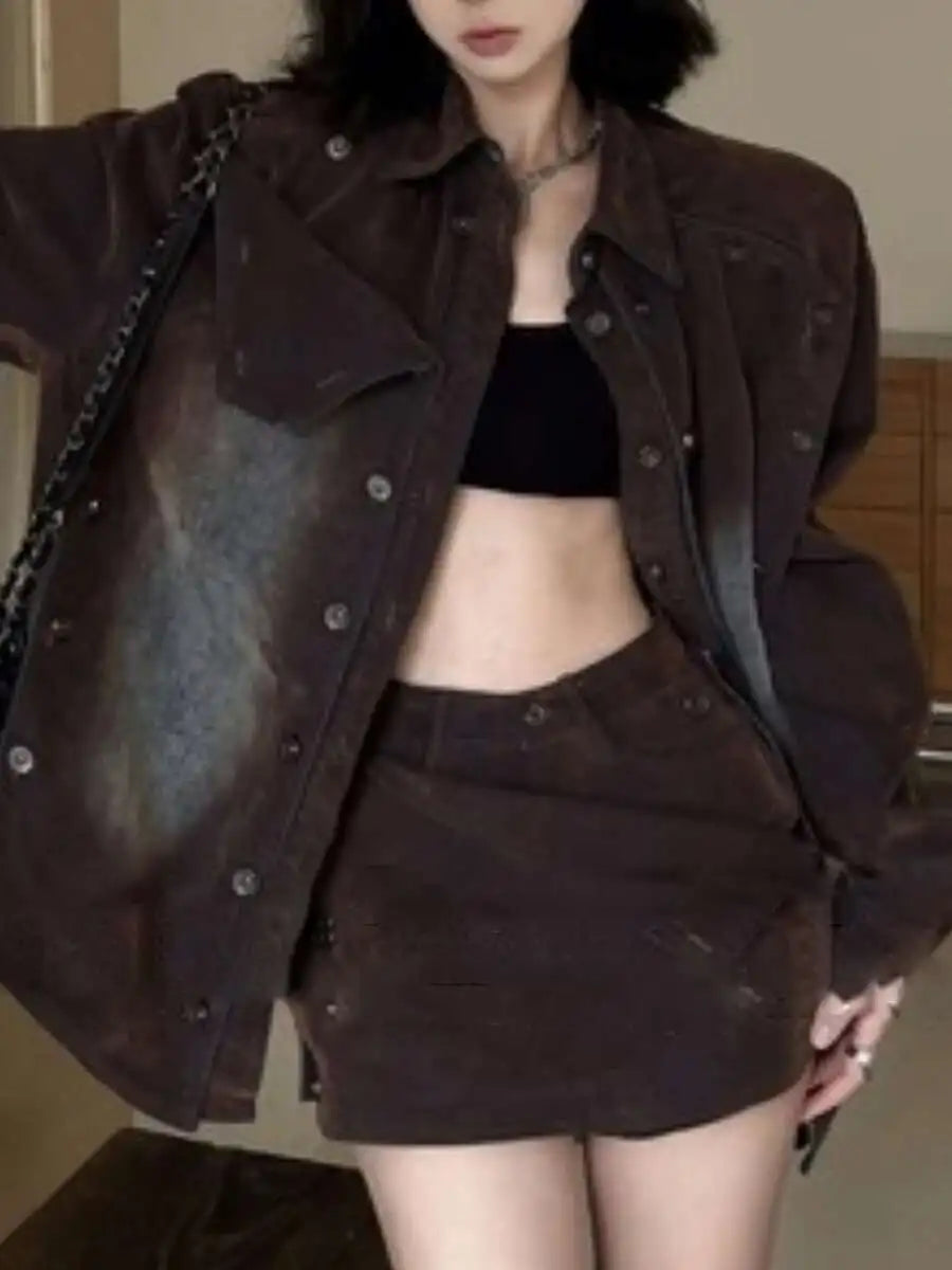 Designer Loose Two Piece Set Lapel Long Sleeve Spliced Button Coat High Waist Shorts Loose Sets