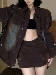 Designer Loose Two Piece Set Lapel Long Sleeve Spliced Button Coat High Waist Shorts Loose Sets