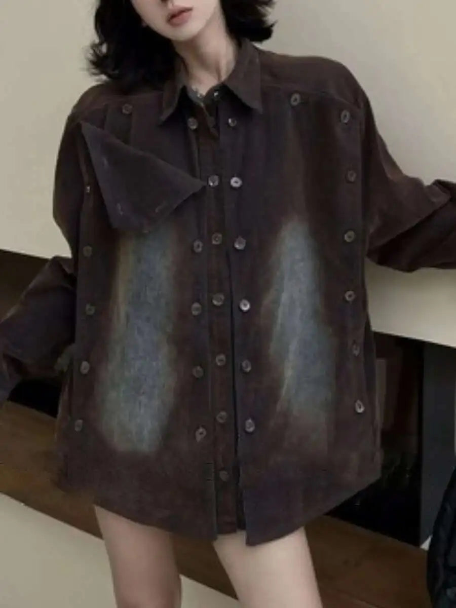 Designer Loose Two Piece Set Lapel Long Sleeve Spliced Button Coat High Waist Shorts Loose Sets