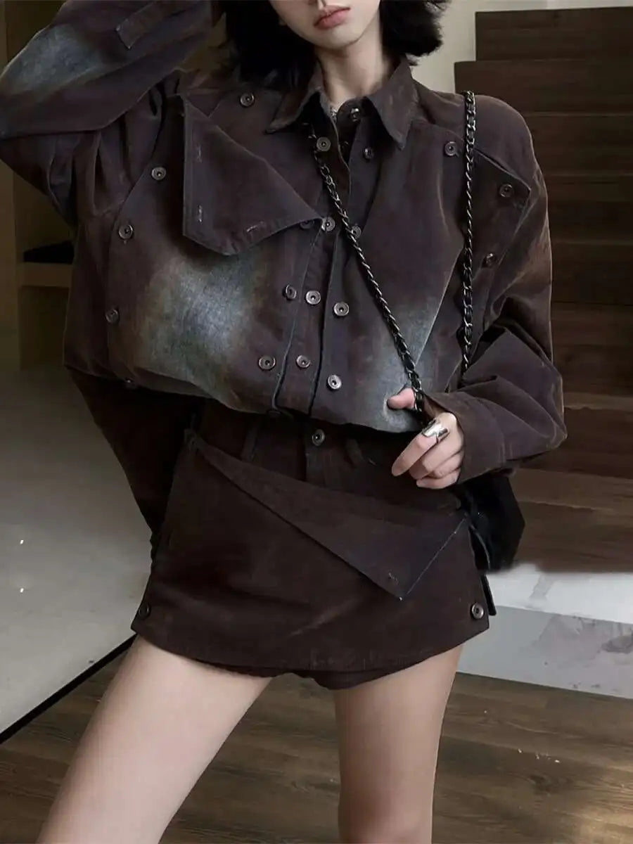 Designer Loose Two Piece Set Lapel Long Sleeve Spliced Button Coat High Waist Shorts Loose Sets