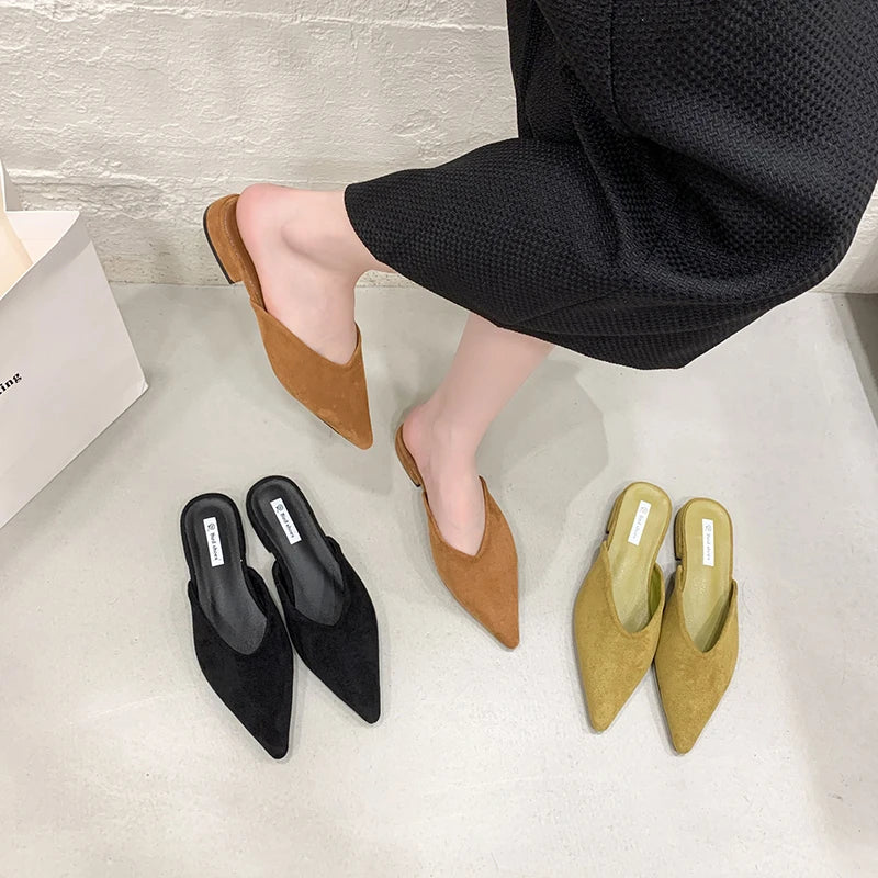 Designer Pointed Toe Elegant Mules Casual Slippers Ladies Low Heel