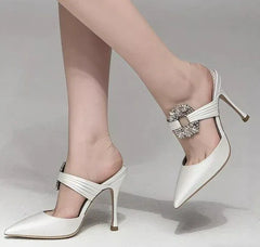 Designer Pointy Pinheel Rhine-Diamond Chain Satin Top High Heel