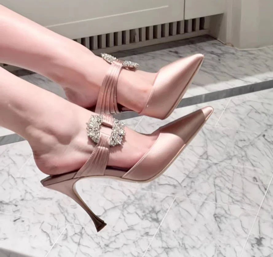 Designer Pointy Pinheel Rhine-Diamond Chain Satin Top High Heel