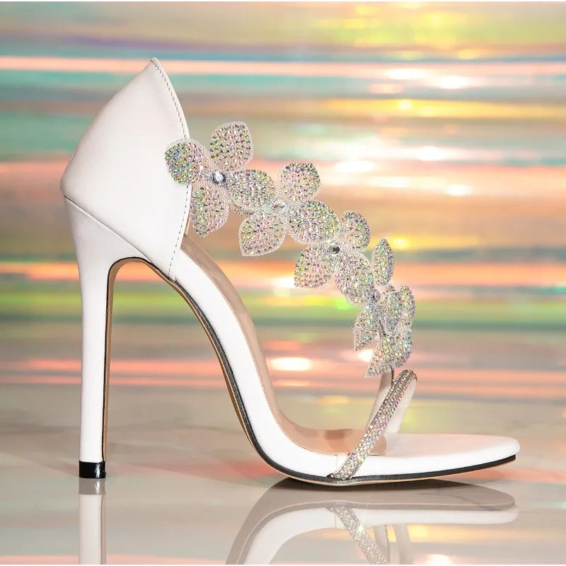 Designer Crystal Flower Gladiator Sandals Elegant Party High Heel