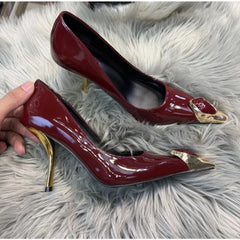 Designer Ladies' Elegant Retro Pointed-toe Shallow Mouth Gemstone High-heeled Metal Patent Leather One-strap Heel