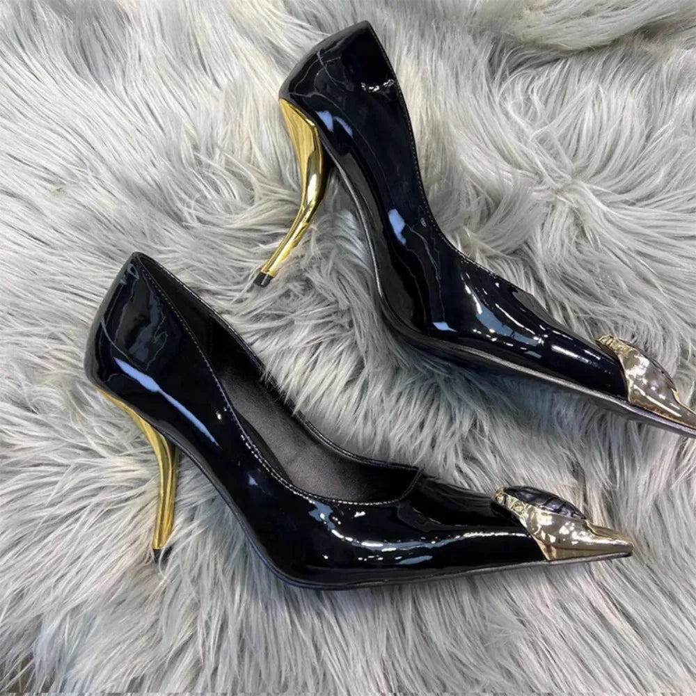 Designer Ladies' Elegant Retro Pointed-toe Shallow Mouth Gemstone High-heeled Metal Patent Leather One-strap Heel
