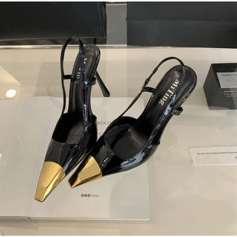 Designer Street Style Back Strap Pumps Splicing Pointed Toe Elegant Thin Low Heel