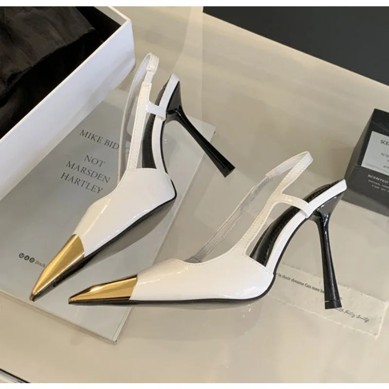 Designer Street Style Back Strap Pumps Splicing Pointed Toe Elegant Thin Low Heel