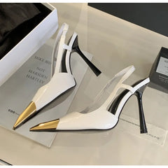 Designer Street Style Back Strap Pumps Splicing Pointed Toe Elegant Thin Low Heel