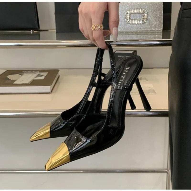 Designer Street Style Back Strap Pumps Splicing Pointed Toe Elegant Thin Low Heel
