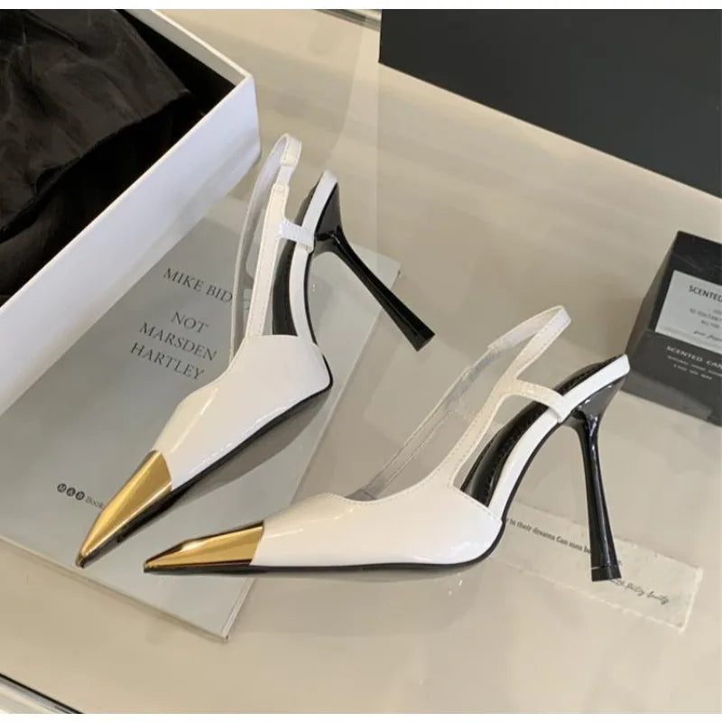 Designer Street Style Back Strap Pumps Splicing Pointed Toe Elegant Thin Low Heel