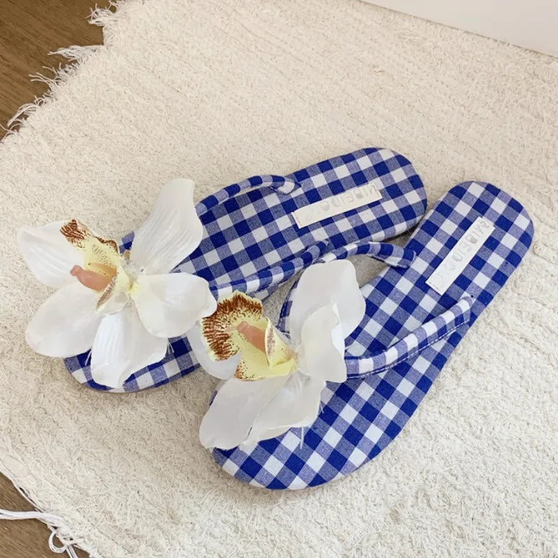 Detachable Butterfly Orchid Decoration Flat Slippers Clip Toe Flip Flops Elegant Comfort Hawaiian Vacation Beach Shoe
