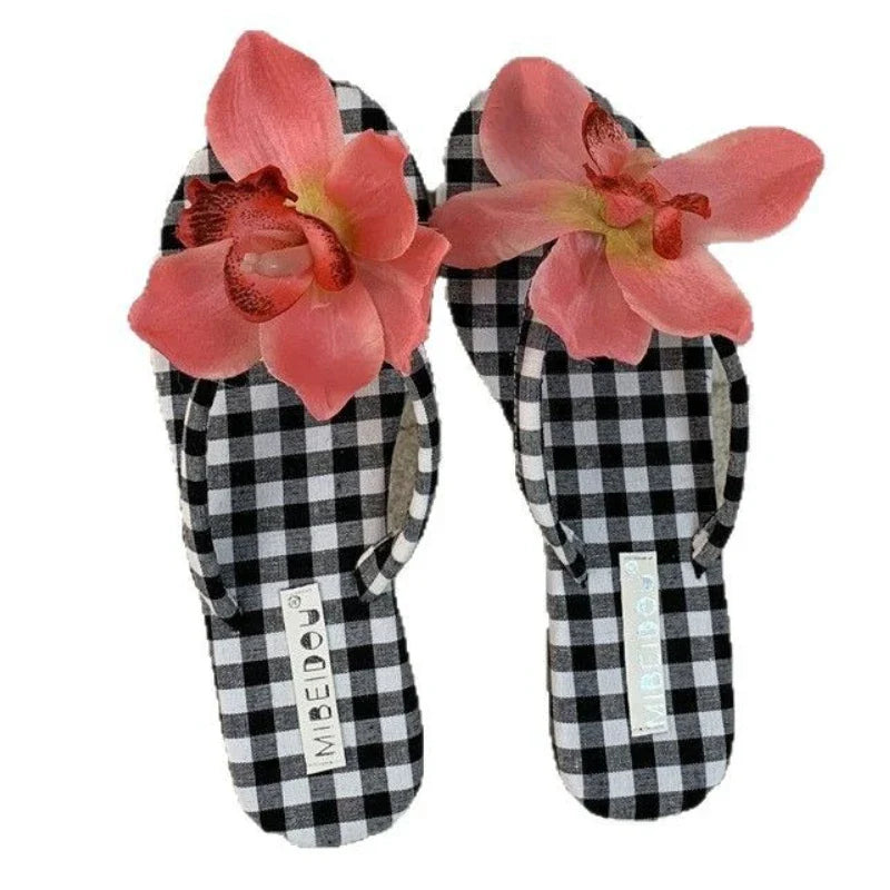 Detachable Butterfly Orchid Decoration Flat Slippers Clip Toe Flip Flops Elegant Comfort Hawaiian Vacation Beach Shoe
