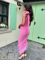 Diagonal Collar Bow One Shoulder Irregular Feathers Evening Party Bodycon Bandage Dresses