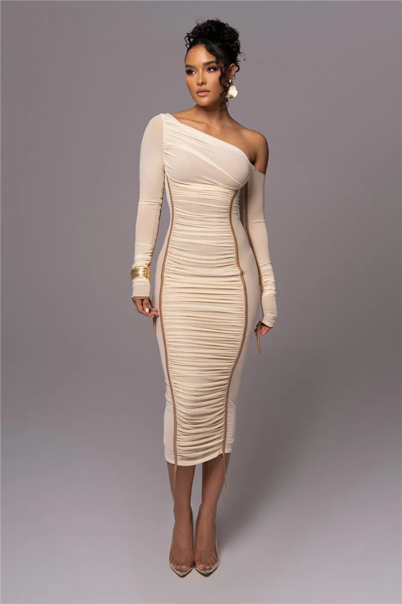 Diagonal Collar Long Sleeve Two Layer Mesh Backless Ruched Bodycon Midi Dress