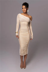 Diagonal Collar Long Sleeve Two Layer Mesh Backless Ruched Bodycon Midi Dress