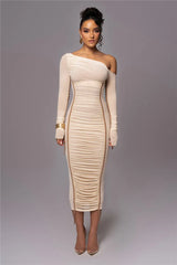 Diagonal Collar Long Sleeve Two Layer Mesh Backless Ruched Bodycon Midi Dress