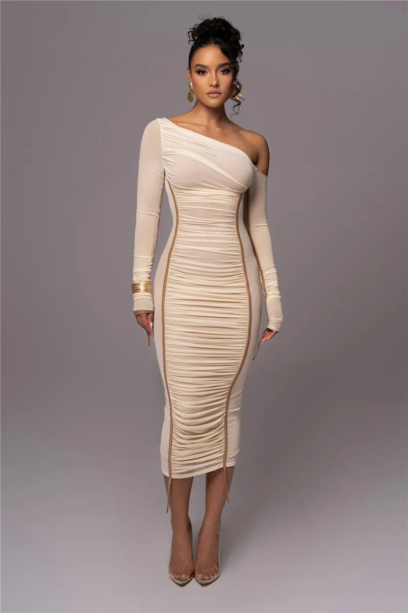 Diagonal Collar Long Sleeve Two Layer Mesh Backless Ruched Bodycon Midi Dress