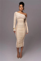 Diagonal Collar Long Sleeve Two Layer Mesh Backless Ruched Bodycon Midi Dress