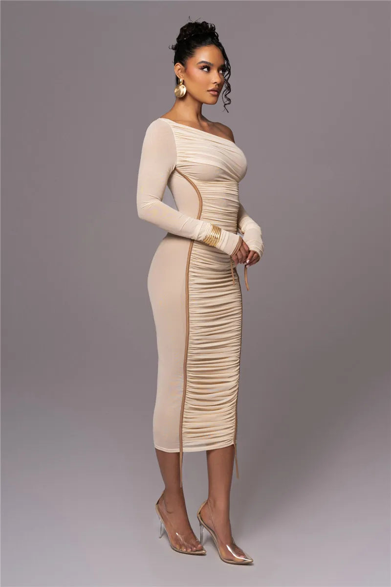 Diagonal Collar Long Sleeve Two Layer Mesh Backless Ruched Bodycon Midi Dress