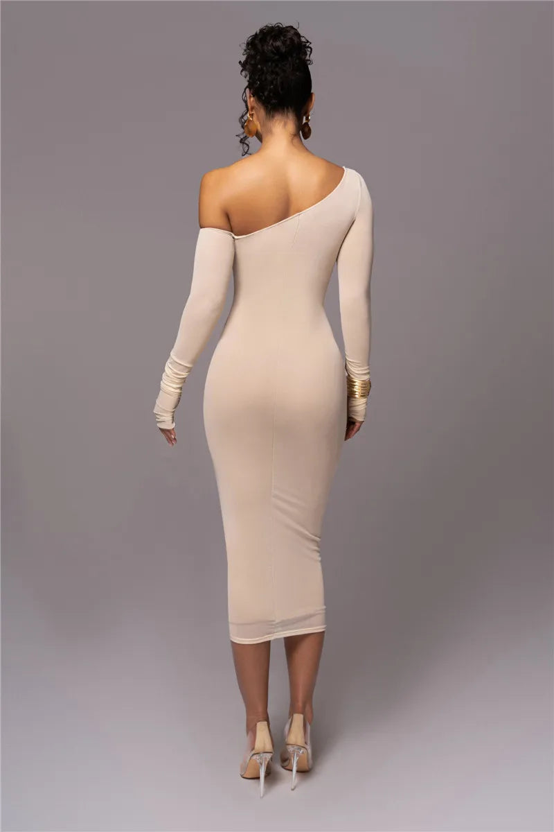 Diagonal Collar Long Sleeve Two Layer Mesh Backless Ruched Bodycon Midi Dress