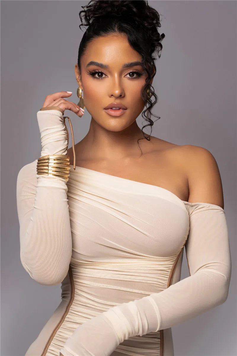 Diagonal Collar Long Sleeve Two Layer Mesh Backless Ruched Bodycon Midi Dress