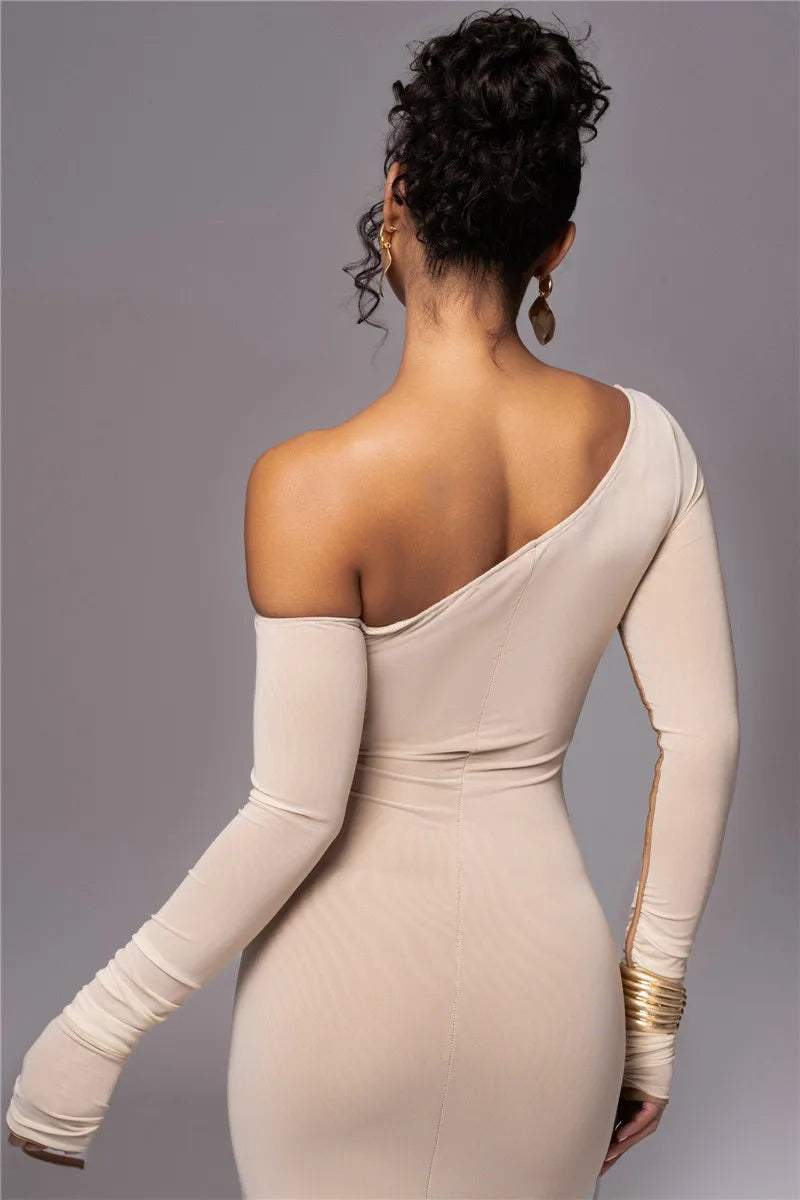 Diagonal Collar Long Sleeve Two Layer Mesh Backless Ruched Bodycon Midi Dress