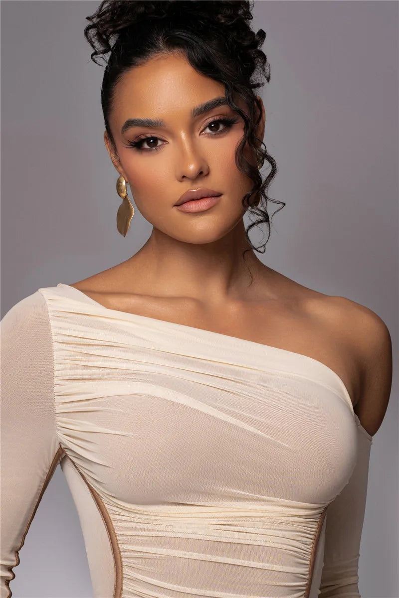 Diagonal Collar Long Sleeve Two Layer Mesh Backless Ruched Bodycon Midi Dress