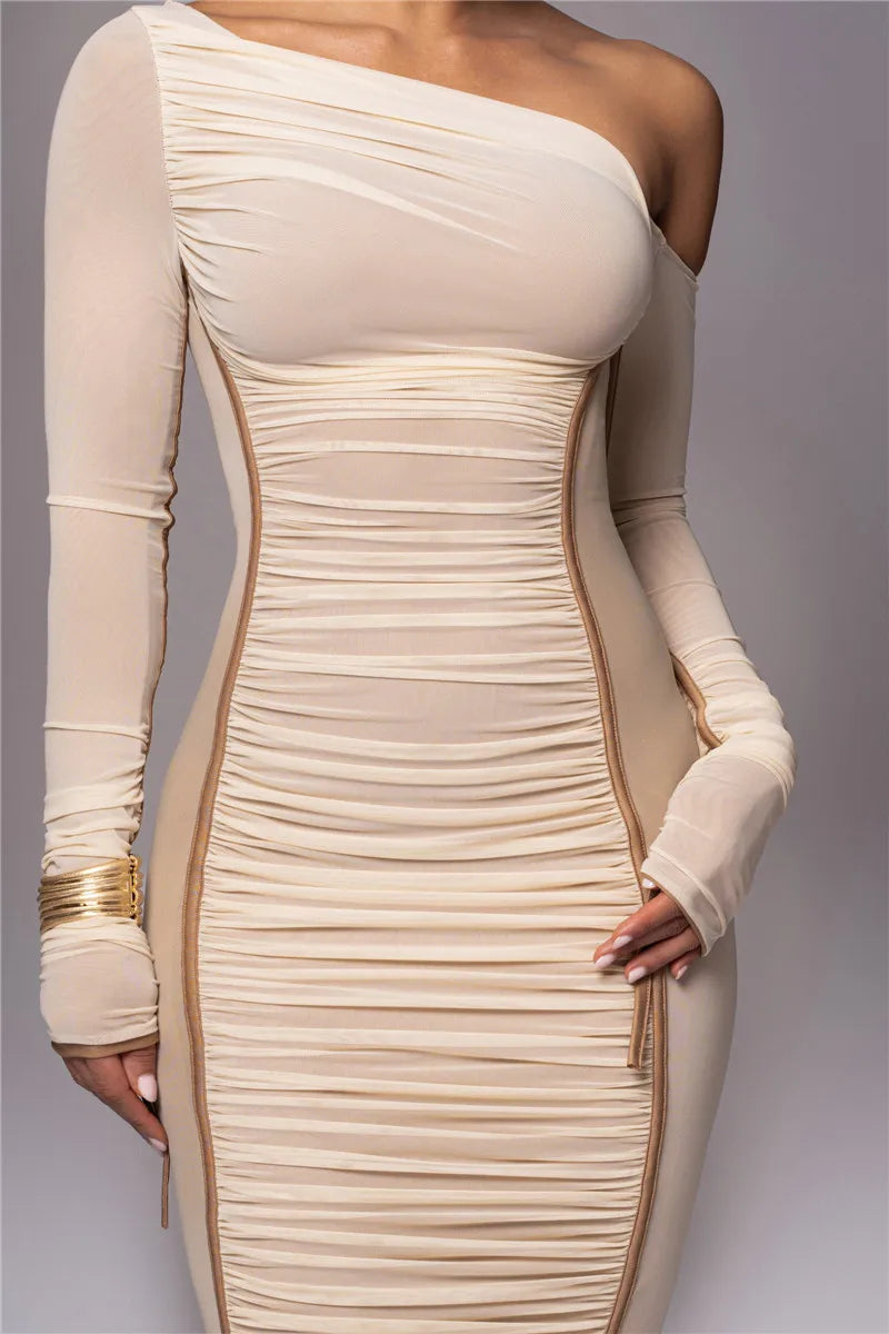 Diagonal Collar Long Sleeve Two Layer Mesh Backless Ruched Bodycon Midi Dress