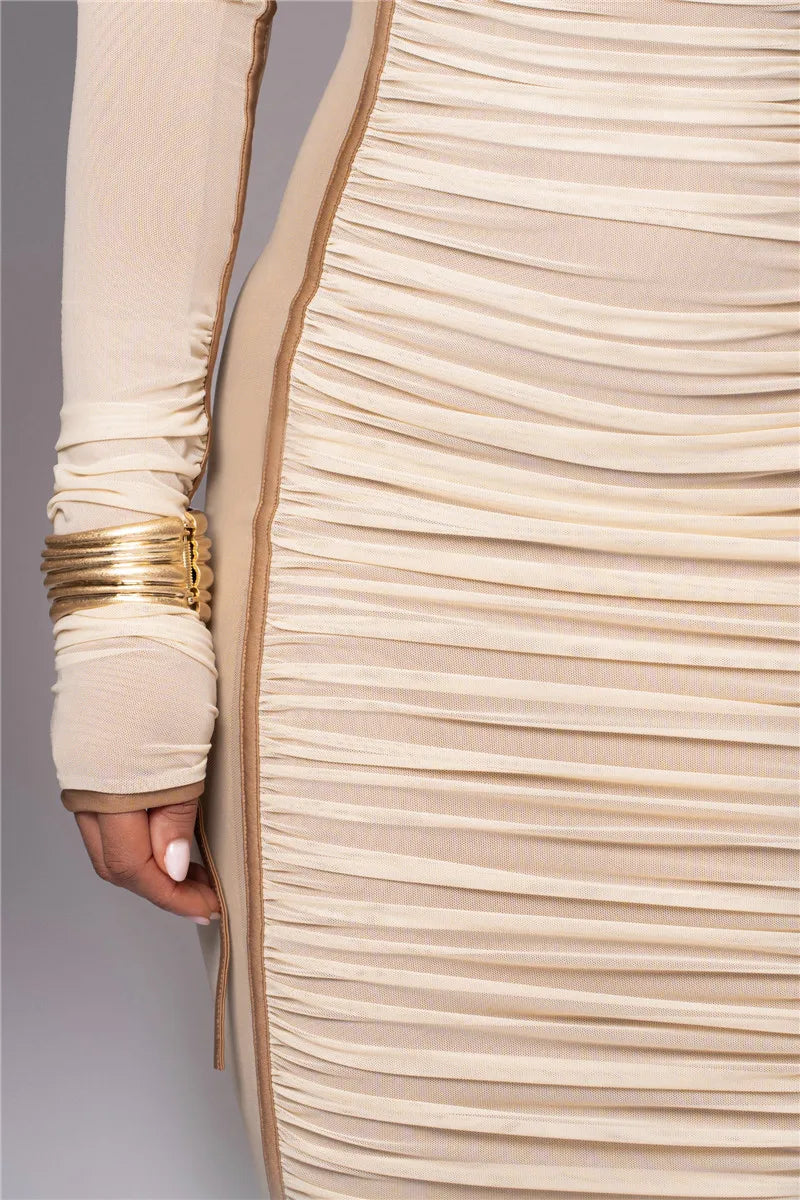 Diagonal Collar Long Sleeve Two Layer Mesh Backless Ruched Bodycon Midi Dress