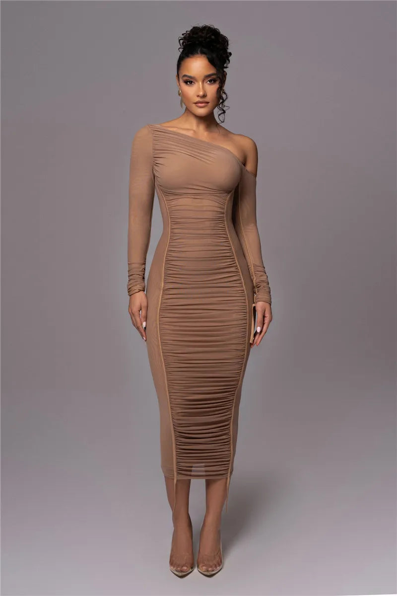 Diagonal Collar Long Sleeve Two Layer Mesh Backless Ruched Bodycon Midi Dress