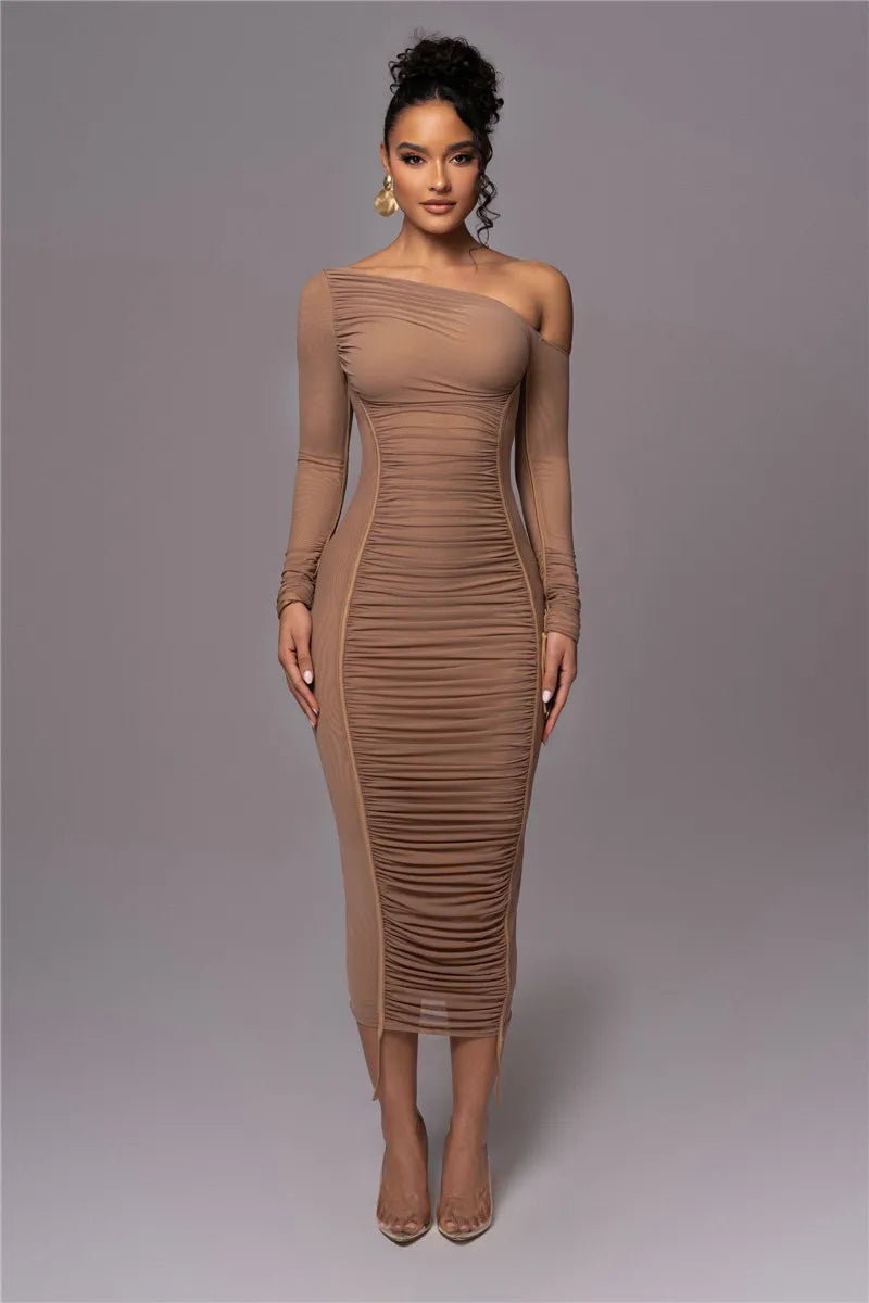 Diagonal Collar Long Sleeve Two Layer Mesh Backless Ruched Bodycon Midi Dress