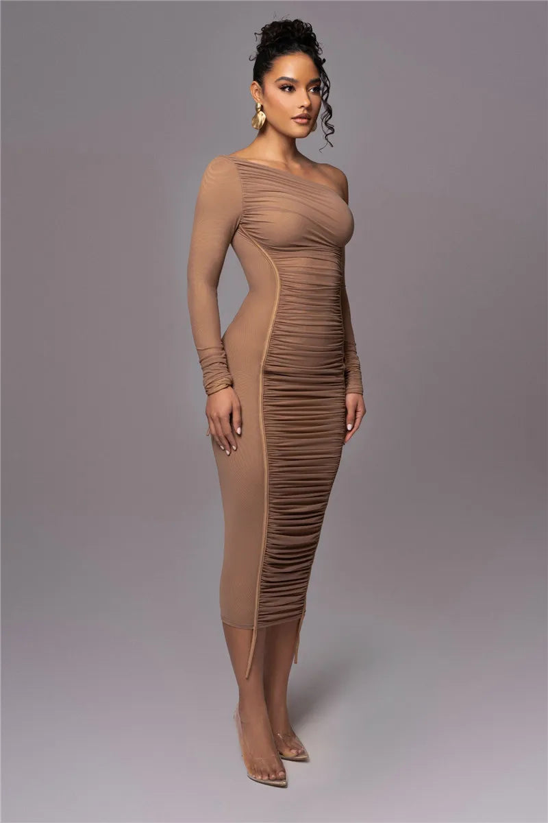 Diagonal Collar Long Sleeve Two Layer Mesh Backless Ruched Bodycon Midi Dress