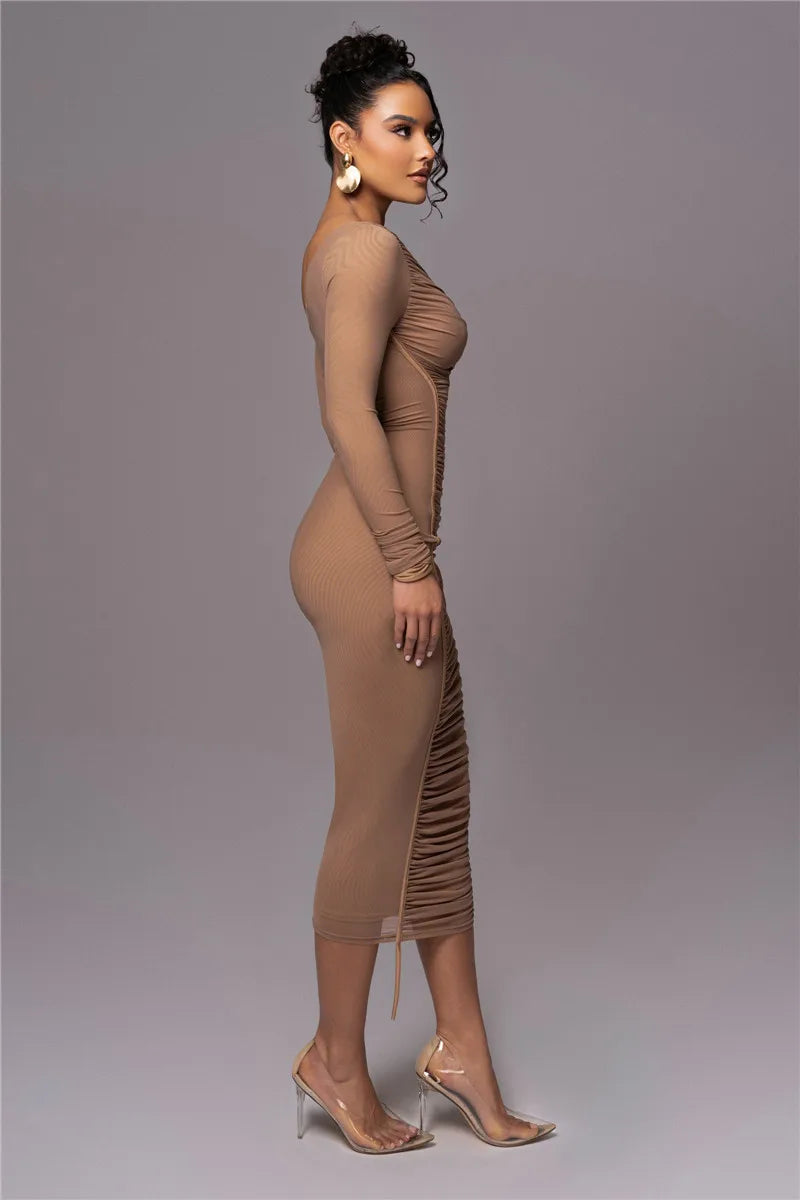 Diagonal Collar Long Sleeve Two Layer Mesh Backless Ruched Bodycon Midi Dress