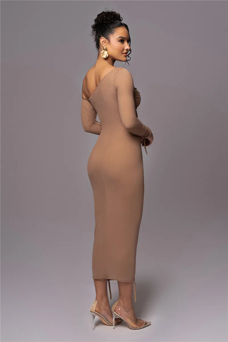Diagonal Collar Long Sleeve Two Layer Mesh Backless Ruched Bodycon Midi Dress